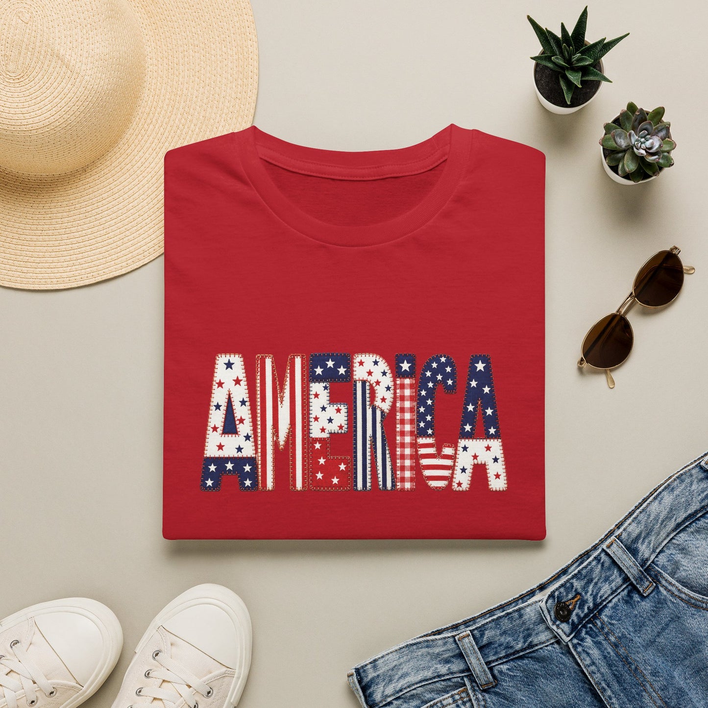 American Flag Patchwork Style Letters T-Shirt | Patriotic Fourth of July Tee