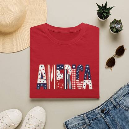 American Flag Patchwork Style Letters T-Shirt | Patriotic Fourth of July Tee