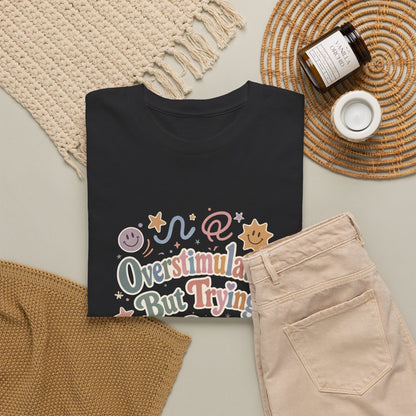Overstimulated But Trying tee | Funny Mental Health Shirt, Cute Retro Doodles
