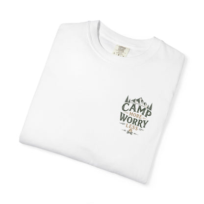 Camp More Worry Less T-shirt | Camping Mountains Pine Trees Design
