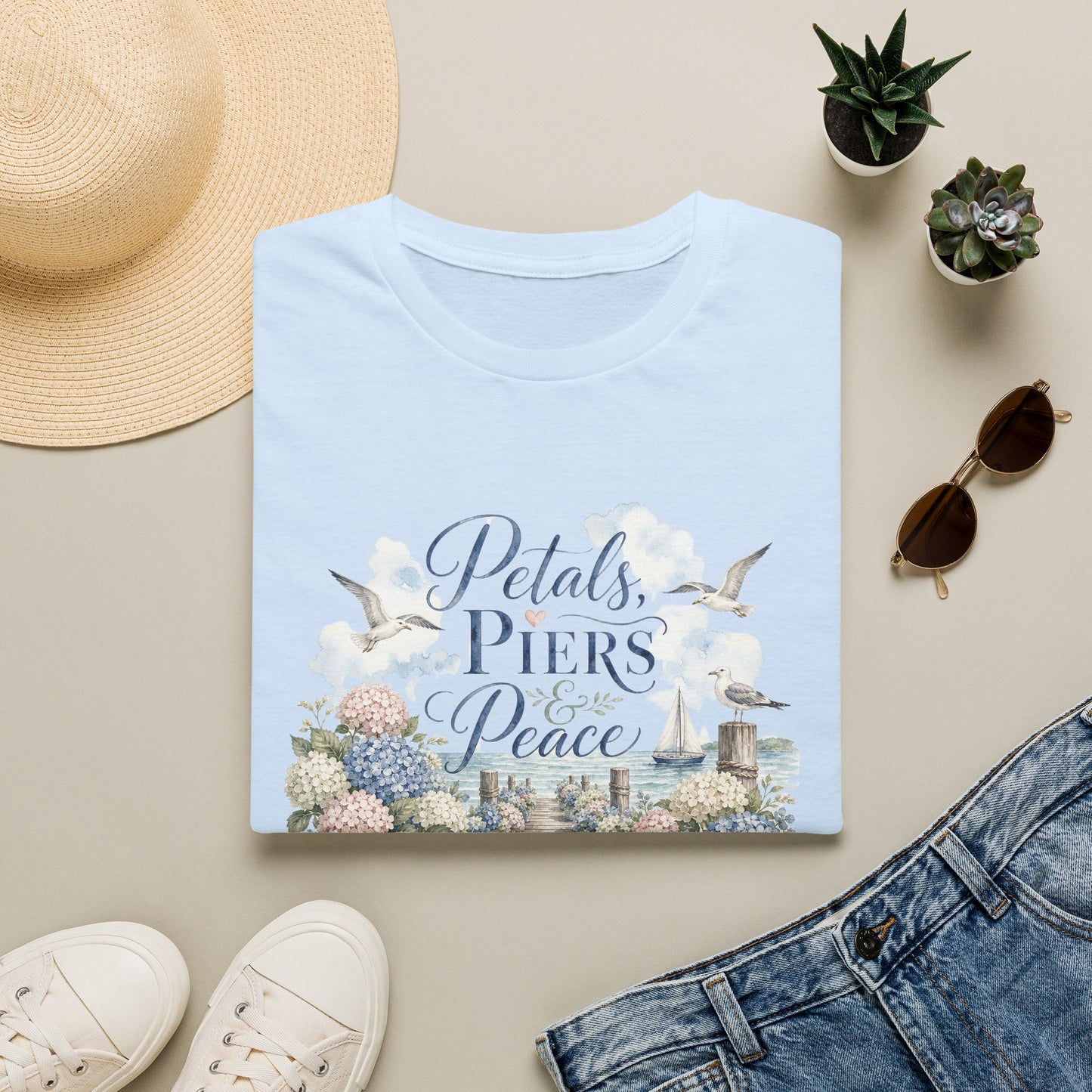 Petals Piers Peace T-Shirt | Coastal Lighthouse Floral Seagulls Design