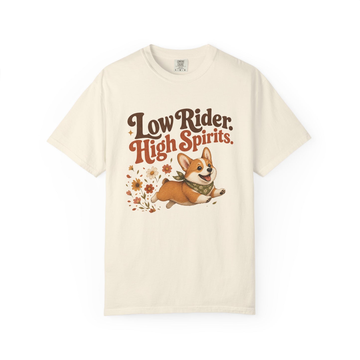 Low Rider High Spirits Corgi T-Shirt | Running Corgi Illustration, Autumn Leaves