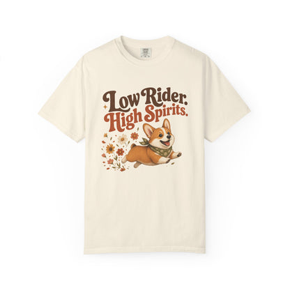 Low Rider High Spirits Corgi T-Shirt | Running Corgi Illustration, Autumn Leaves