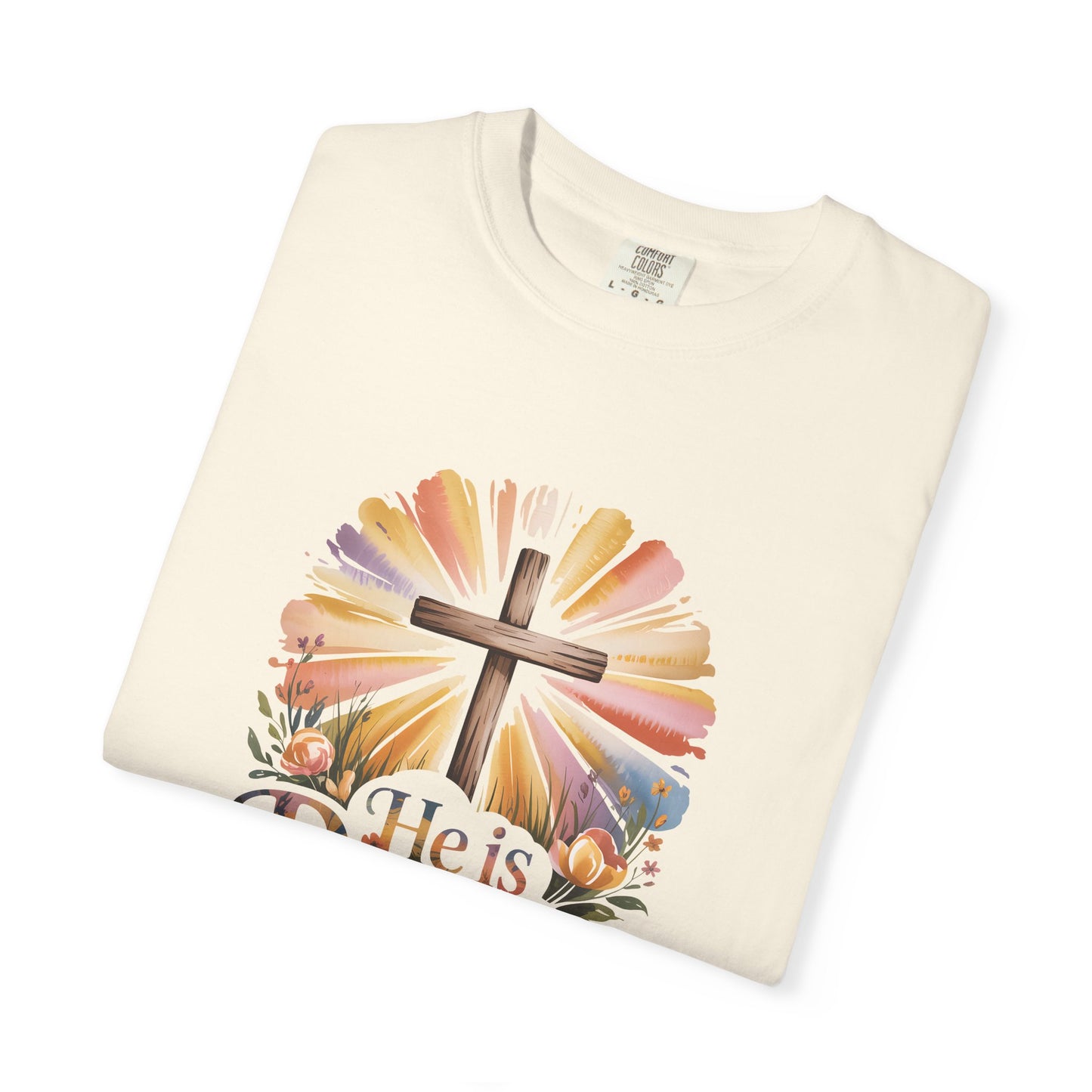 He Is Risen cross sunrise design T-Shirt | Easter faith floral