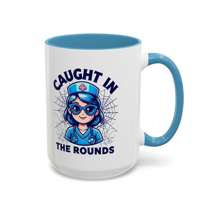 Nurse Coffee Mug, Cute Nursing Gift, Healthcare Appreciation, Fun Spider Design, Caught in the Rounds Mug