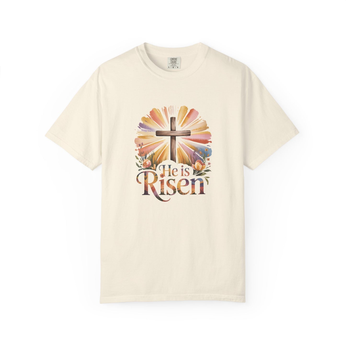 He Is Risen cross sunrise design T-Shirt | Easter faith floral