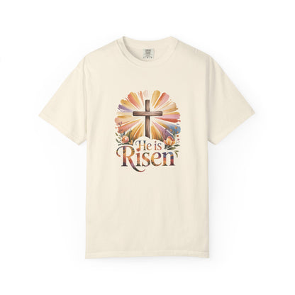 He Is Risen cross sunrise design T-Shirt | Easter faith floral
