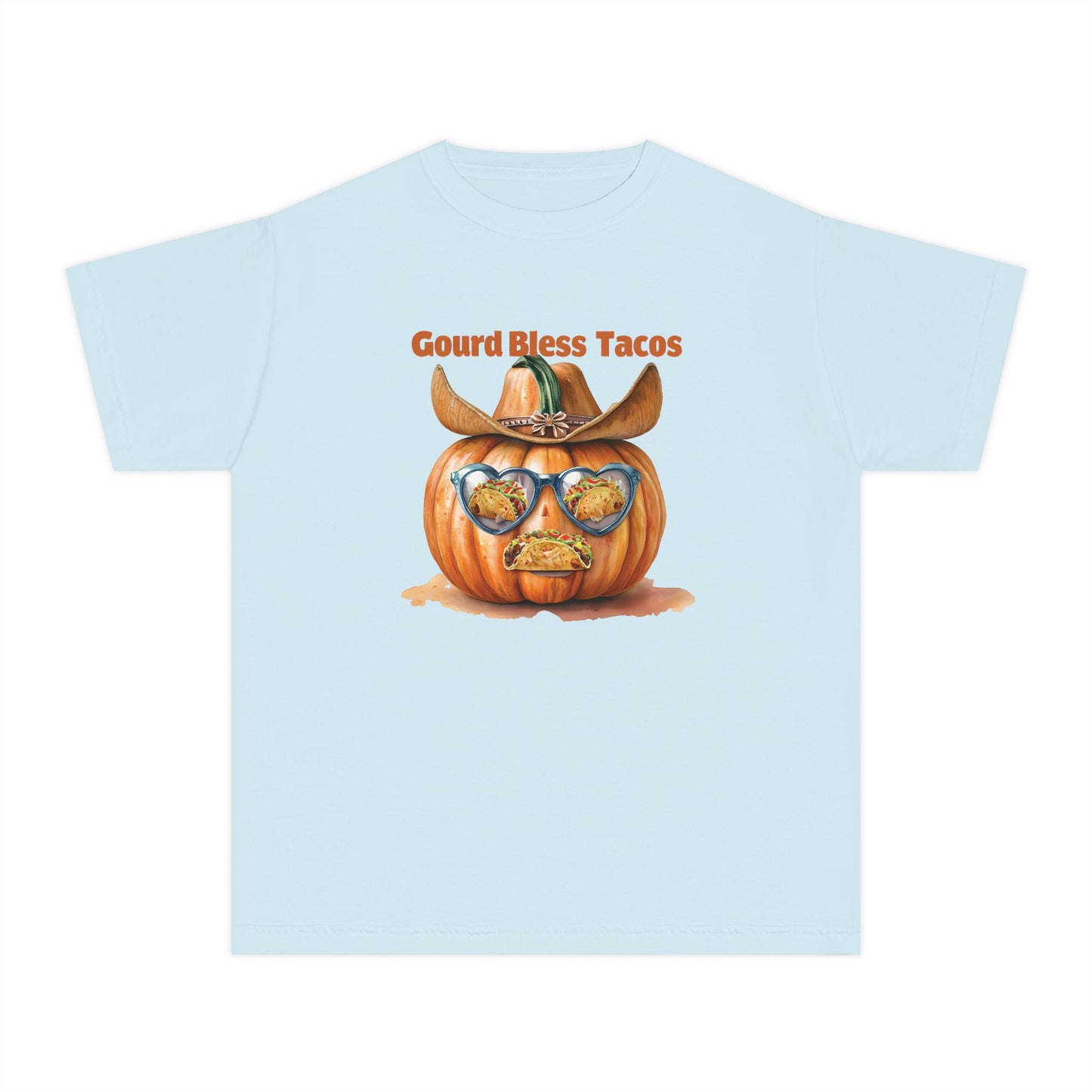 Whimsical Fall Youth Tee - Gourd Bless Tacos, Halloween Shirt, Kids Autumn Apparel, Thanksgiving Humor Top, Funny Seasonal Gift