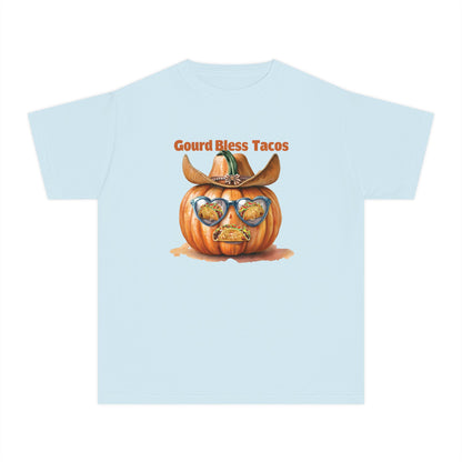 Whimsical Fall Youth Tee - Gourd Bless Tacos, Halloween Shirt, Kids Autumn Apparel, Thanksgiving Humor Top, Funny Seasonal Gift