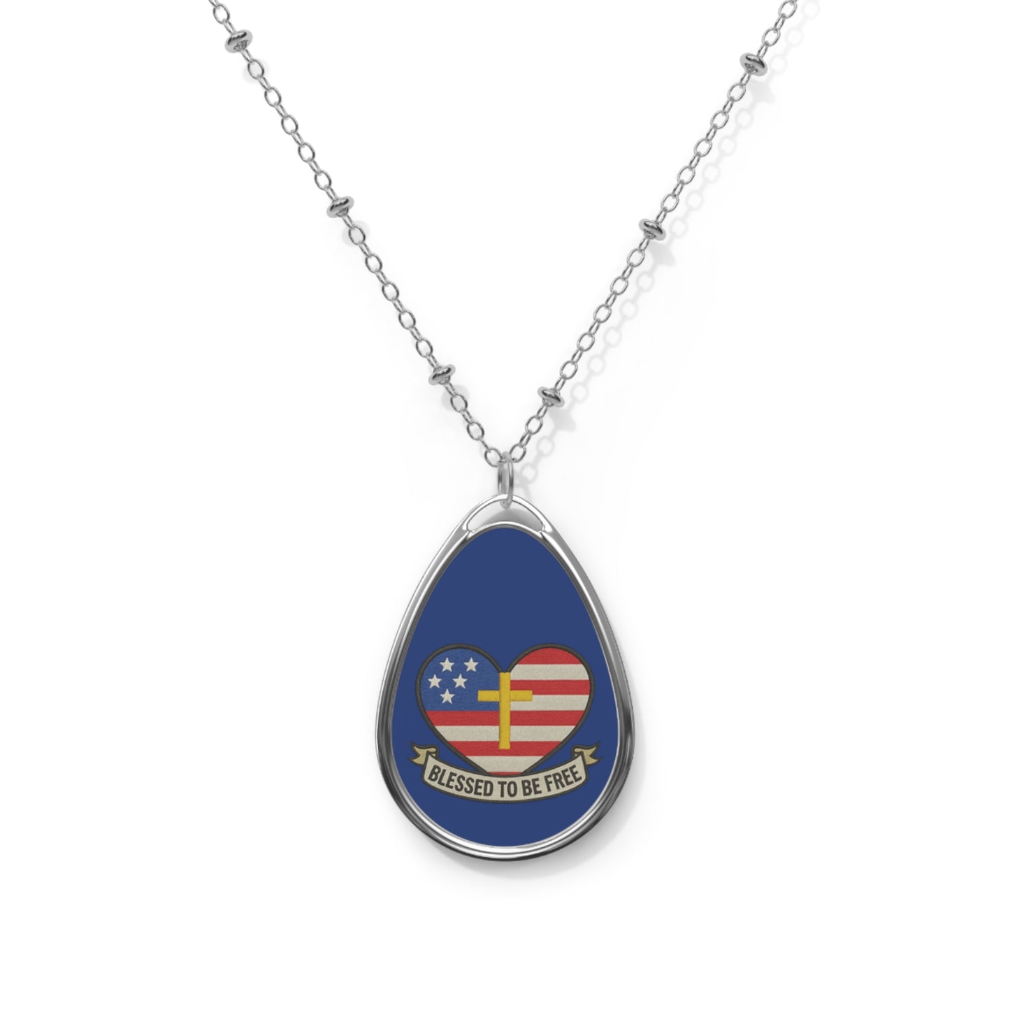 American Flag Heart with Cross Oval Necklace | Blessed to Be Free pendant