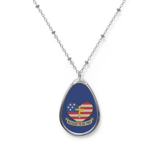 American Flag Heart with Cross Oval Necklace | Blessed to Be Free pendant