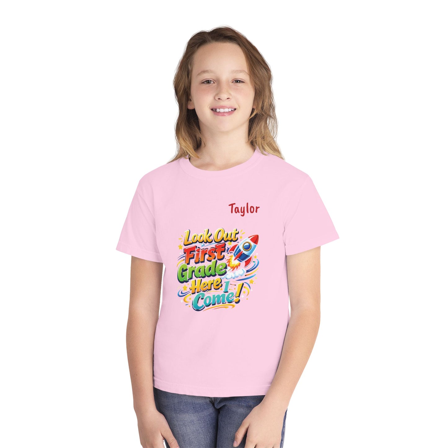 First Grade Here I Come Youth Tee | Rocket Back to School Shirt