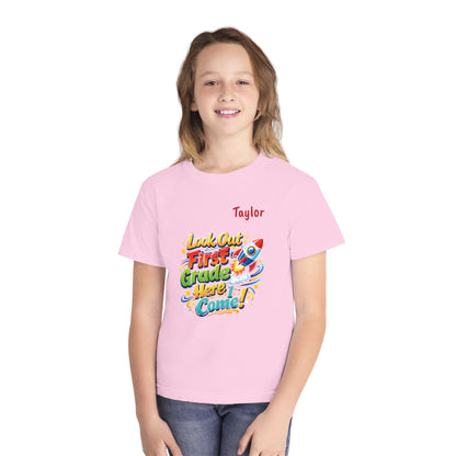 First Grade Here I Come Youth Tee | Rocket Back to School Shirt