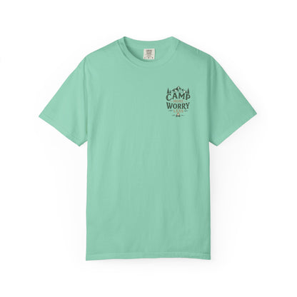 Camp More Worry Less T-shirt | Camping Mountains Pine Trees Design