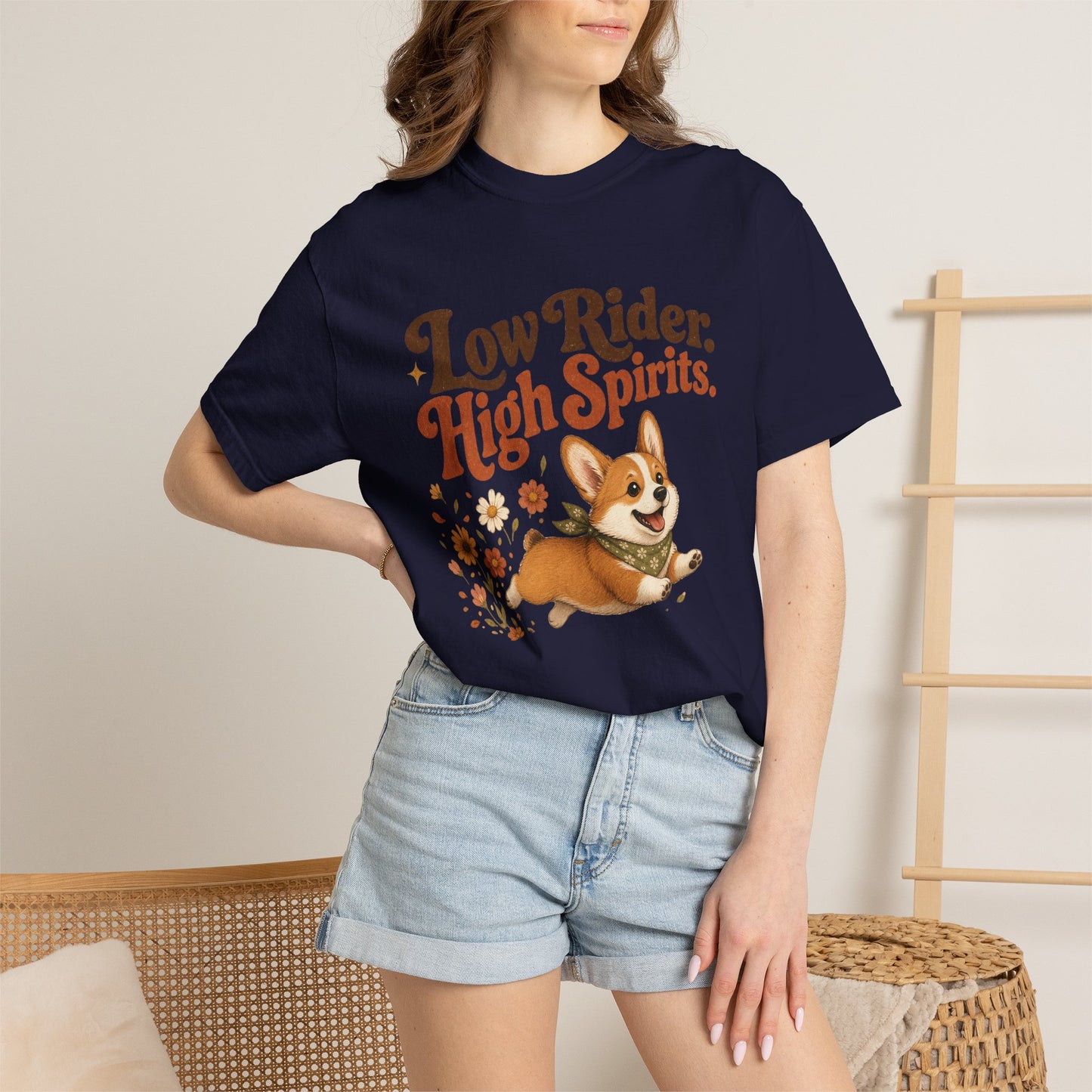 Low Rider High Spirits Corgi T-Shirt | Running Corgi Illustration, Autumn Leaves
