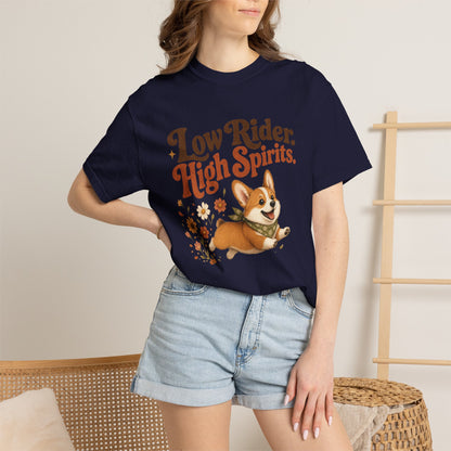 Low Rider High Spirits Corgi T-Shirt | Running Corgi Illustration, Autumn Leaves