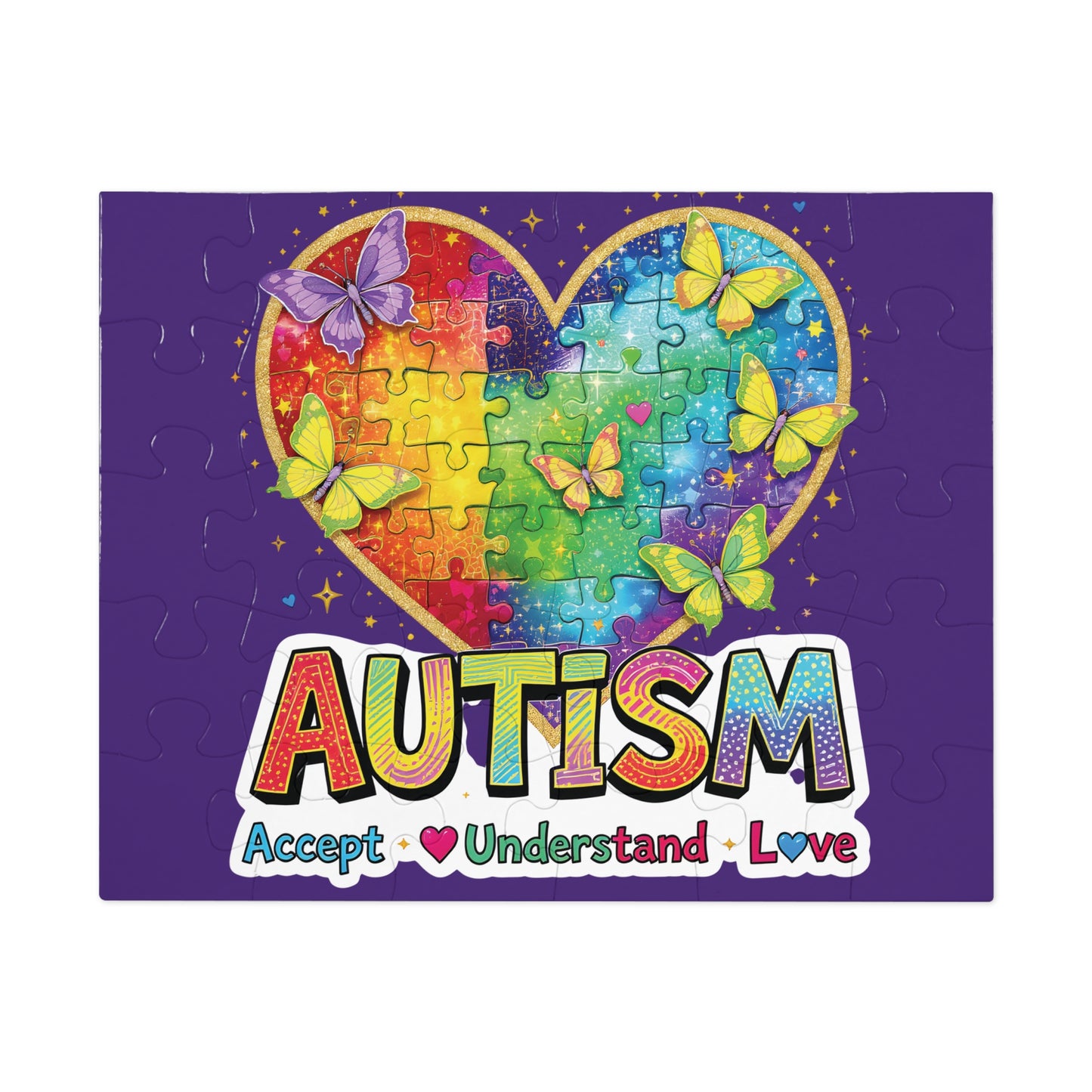 Autism Accept Understand Love Jigsaw Puzzle with Tin | Rainbow Heart Butterflies