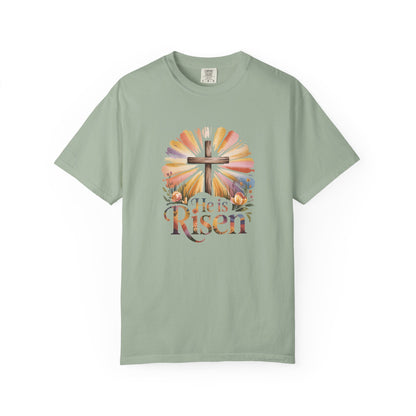 He Is Risen cross sunrise design T-Shirt | Easter faith floral
