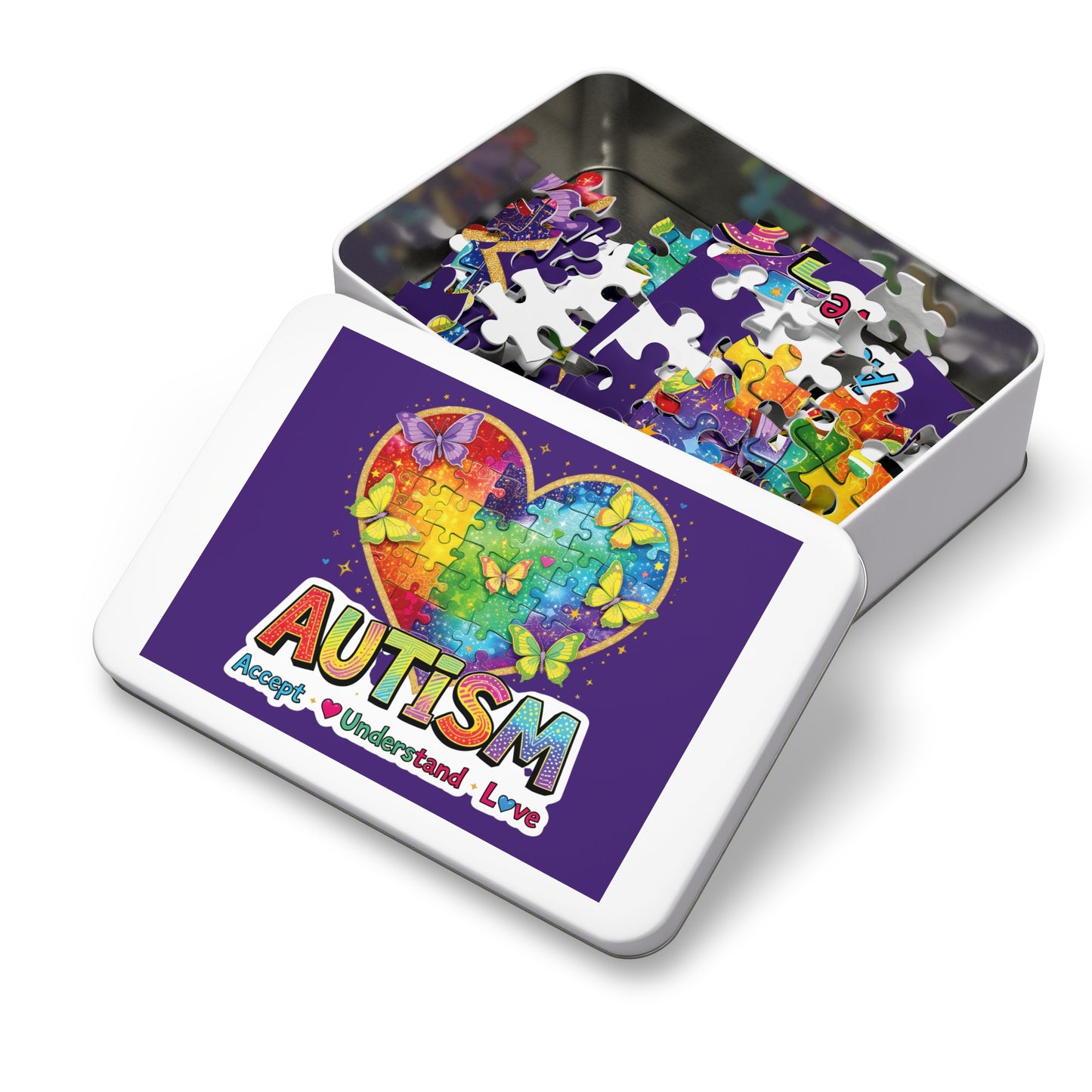 Autism Accept Understand Love Jigsaw Puzzle with Tin | Rainbow Heart Butterflies