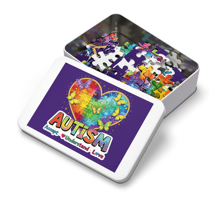 Autism Accept Understand Love Jigsaw Puzzle with Tin | Rainbow Heart Butterflies