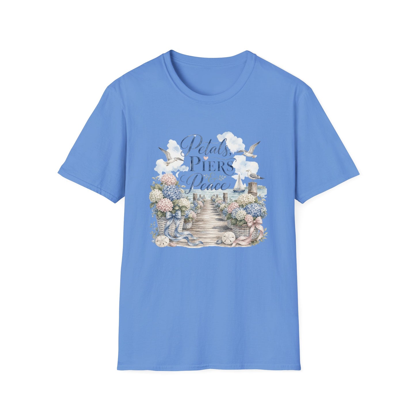 Petals Piers Peace T-Shirt | Coastal Lighthouse Floral Seagulls Design