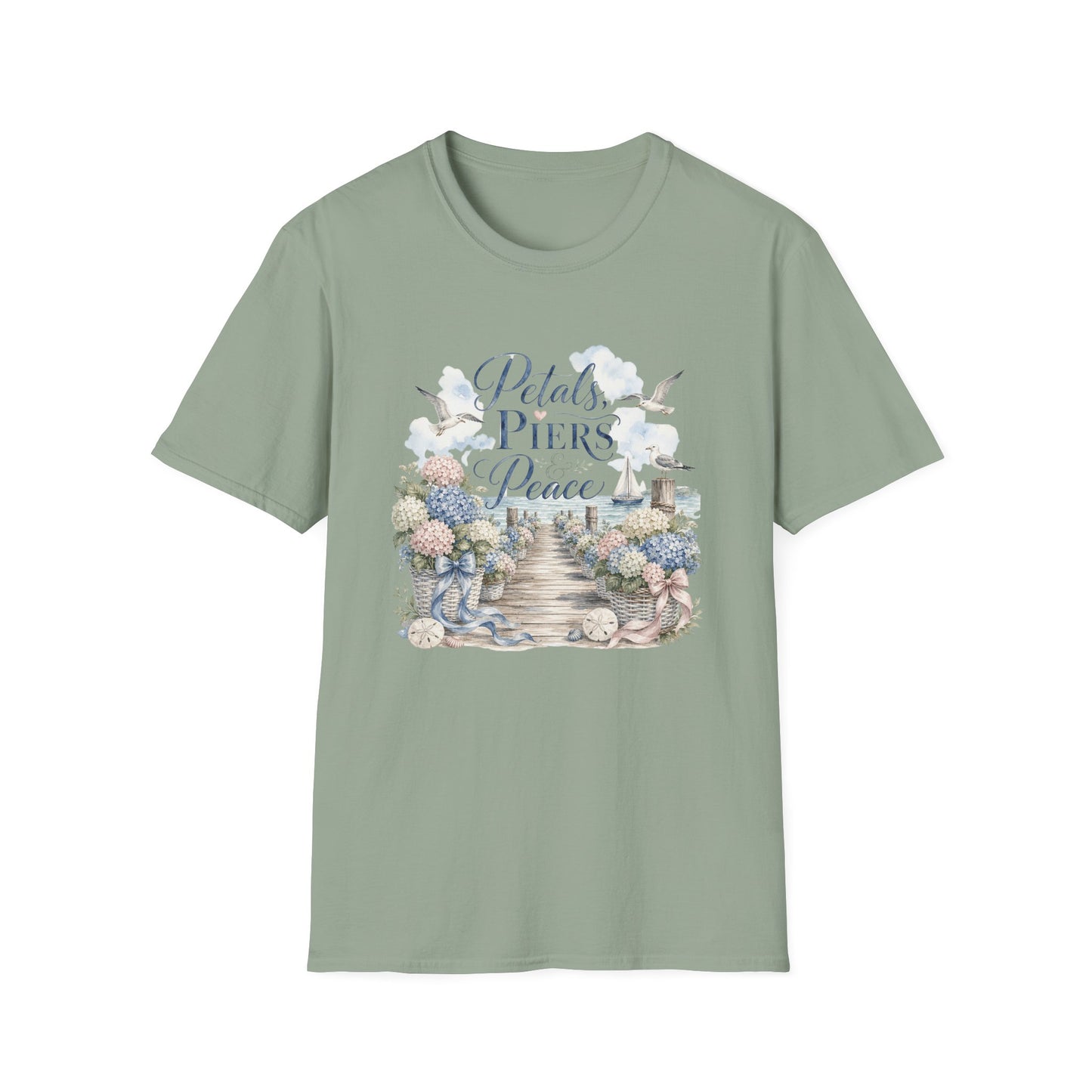Petals Piers Peace T-Shirt | Coastal Lighthouse Floral Seagulls Design