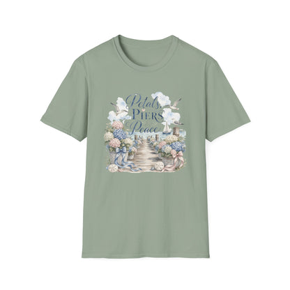 Petals Piers Peace T-Shirt | Coastal Lighthouse Floral Seagulls Design