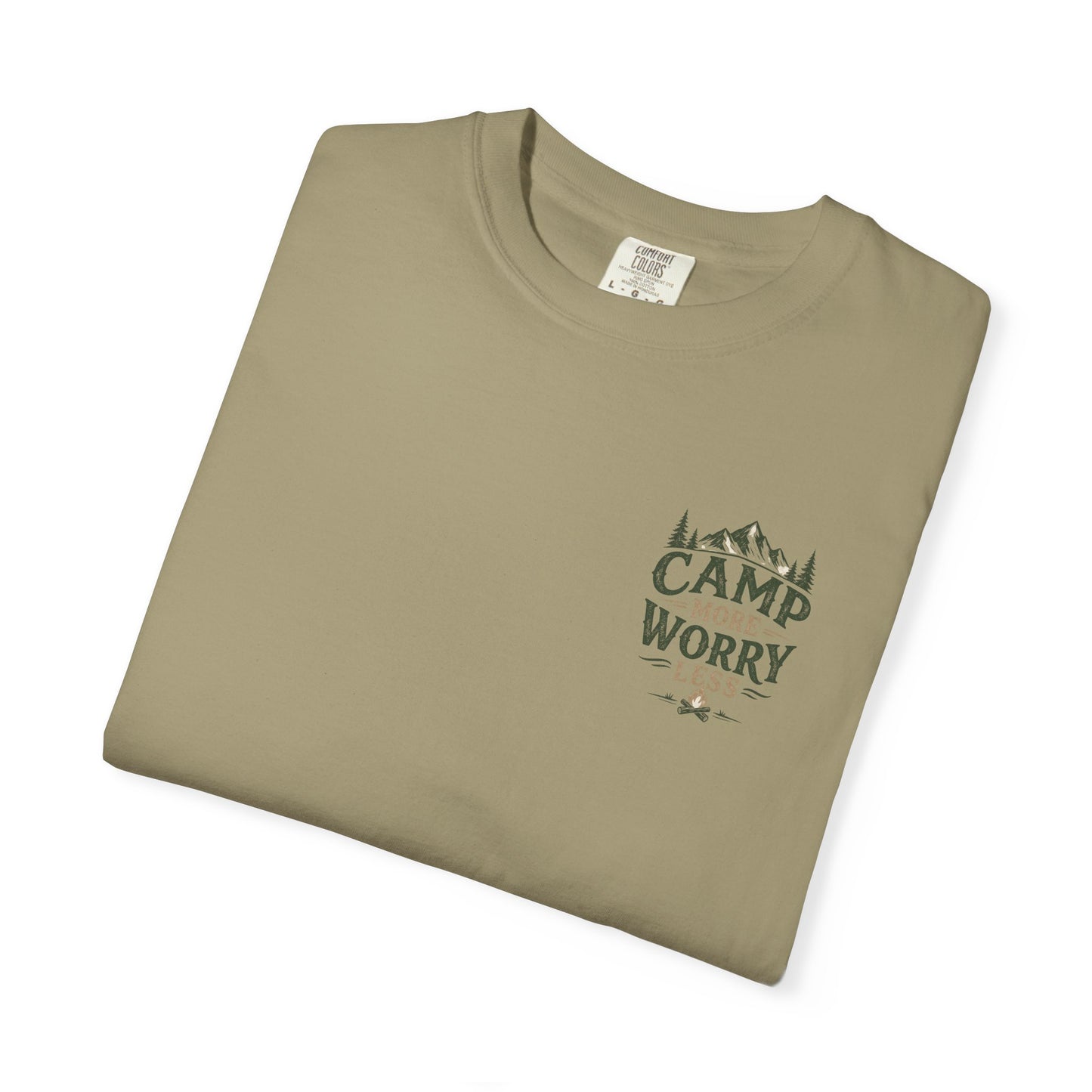 Camp More Worry Less T-shirt | Camping Mountains Pine Trees Design
