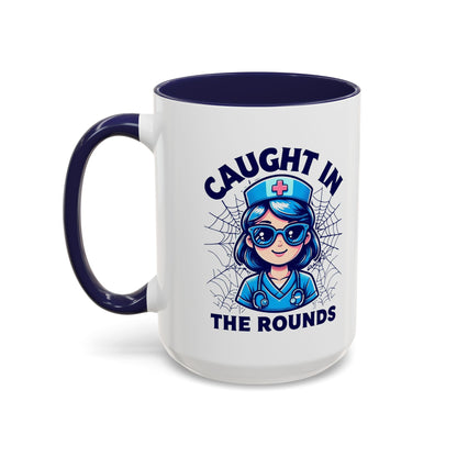 Nurse Coffee Mug, Cute Nursing Gift, Healthcare Appreciation, Fun Spider Design, Caught in the Rounds Mug