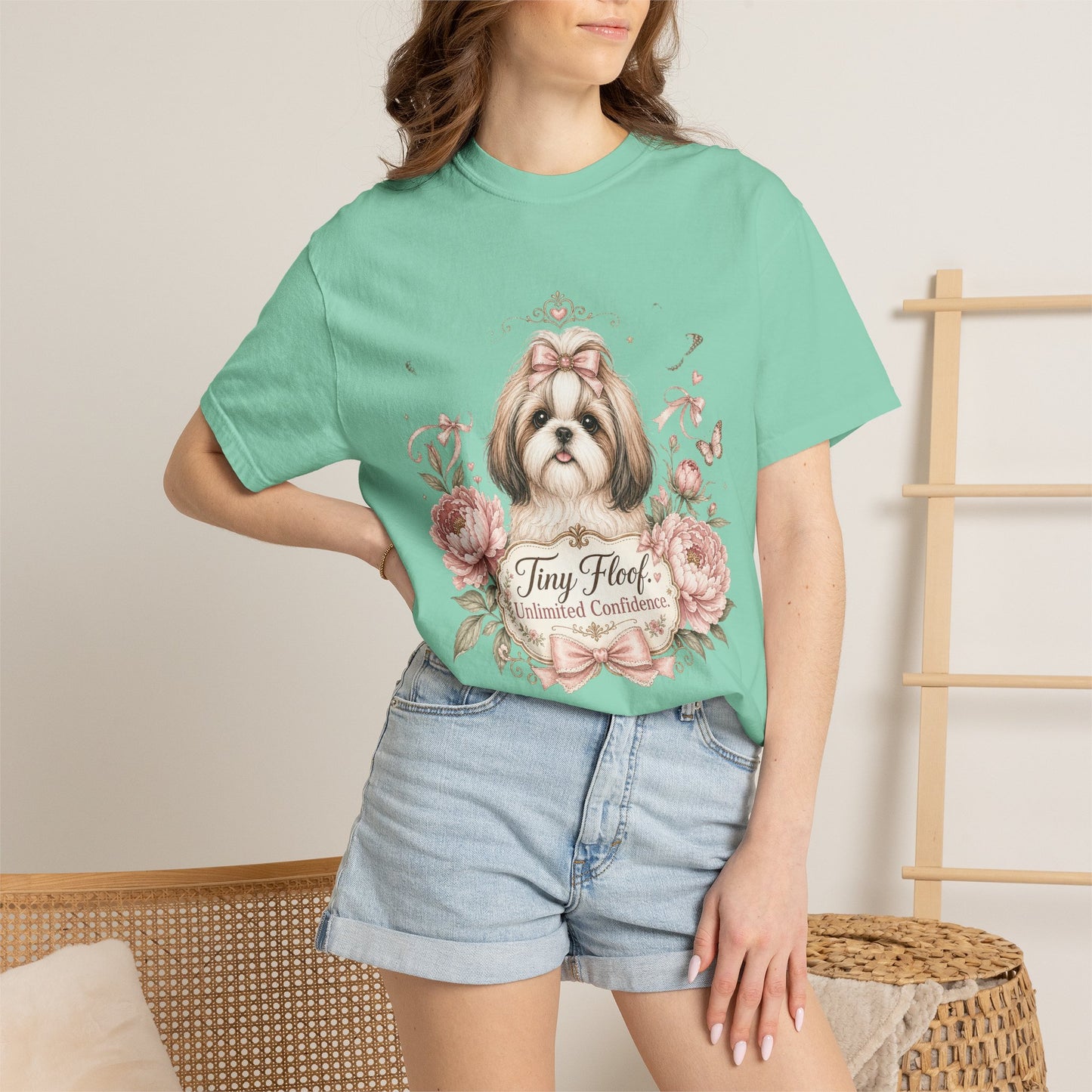 Shih Tzu Floral Portrait T-Shirt | Tiny Floof Illustration, Pink Roses