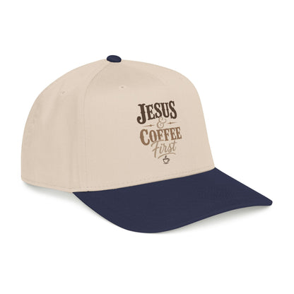 Jesus & Coffee First Mid Profile Baseball Cap | Christian Script Logo