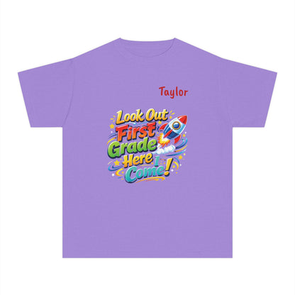 First Grade Here I Come Youth Tee | Rocket Back to School Shirt