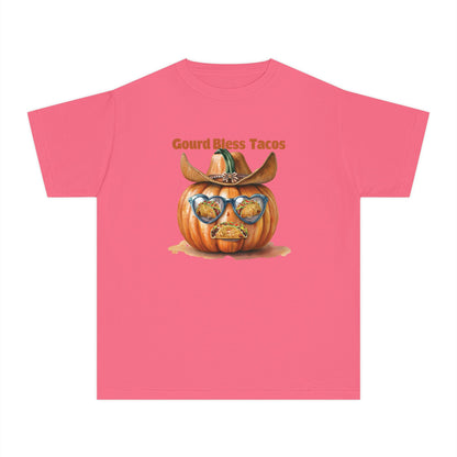 Whimsical Fall Youth Tee - Gourd Bless Tacos, Halloween Shirt, Kids Autumn Apparel, Thanksgiving Humor Top, Funny Seasonal Gift