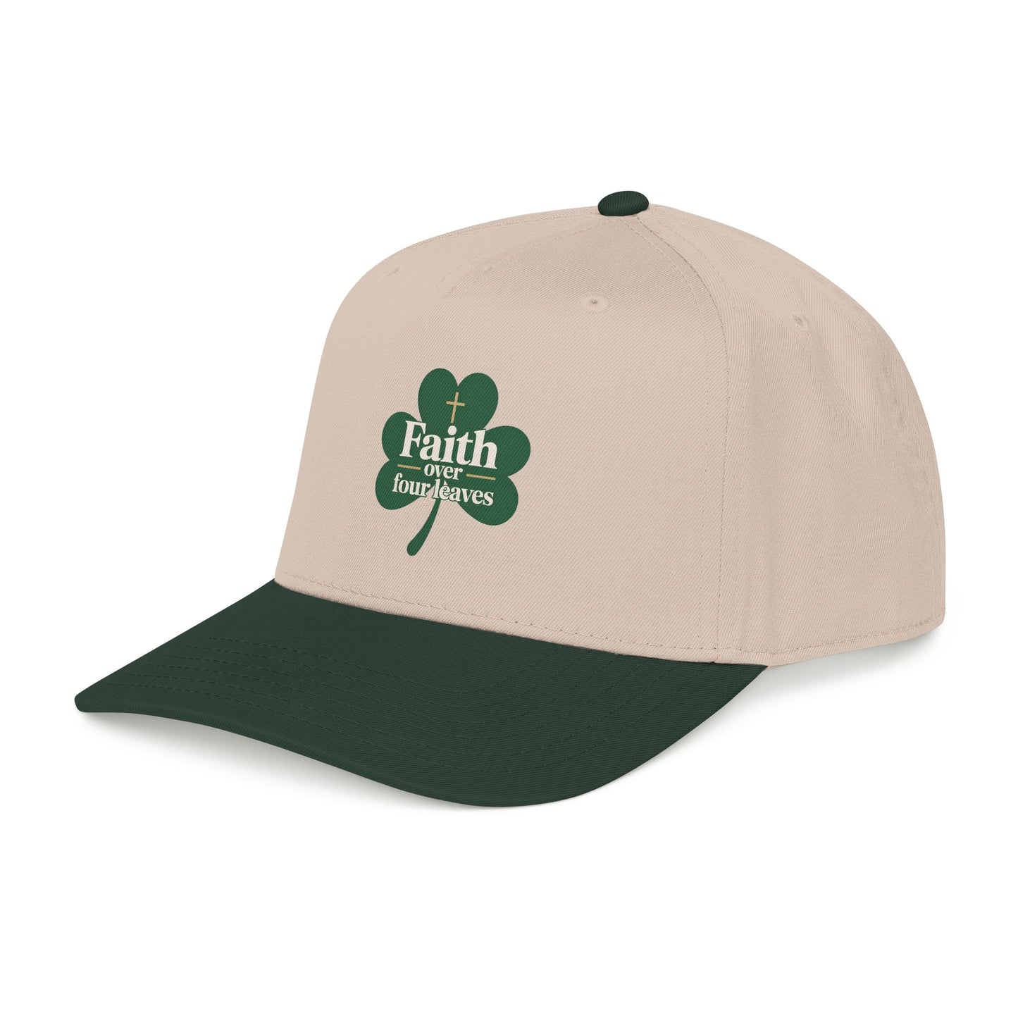 Faith Over Four Leaves Shamrock Mid Profile Baseball Cap | Religious St. Patrick's