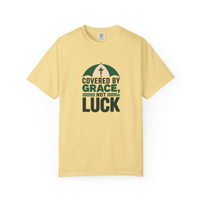 Covered by Grace Not Luck T-Shirt | Christian faith tee, cross graphic