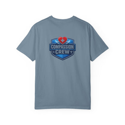 Compassion Crew heart logo Healthcare Worker T-Shirt | Personalized Name Tee