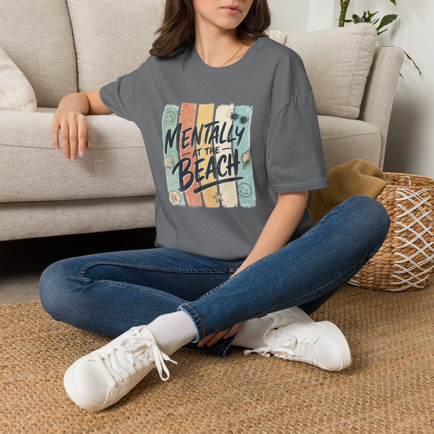Mentally at the Beach T-Shirt | Retro Stripes, Sunglasses & Seashells