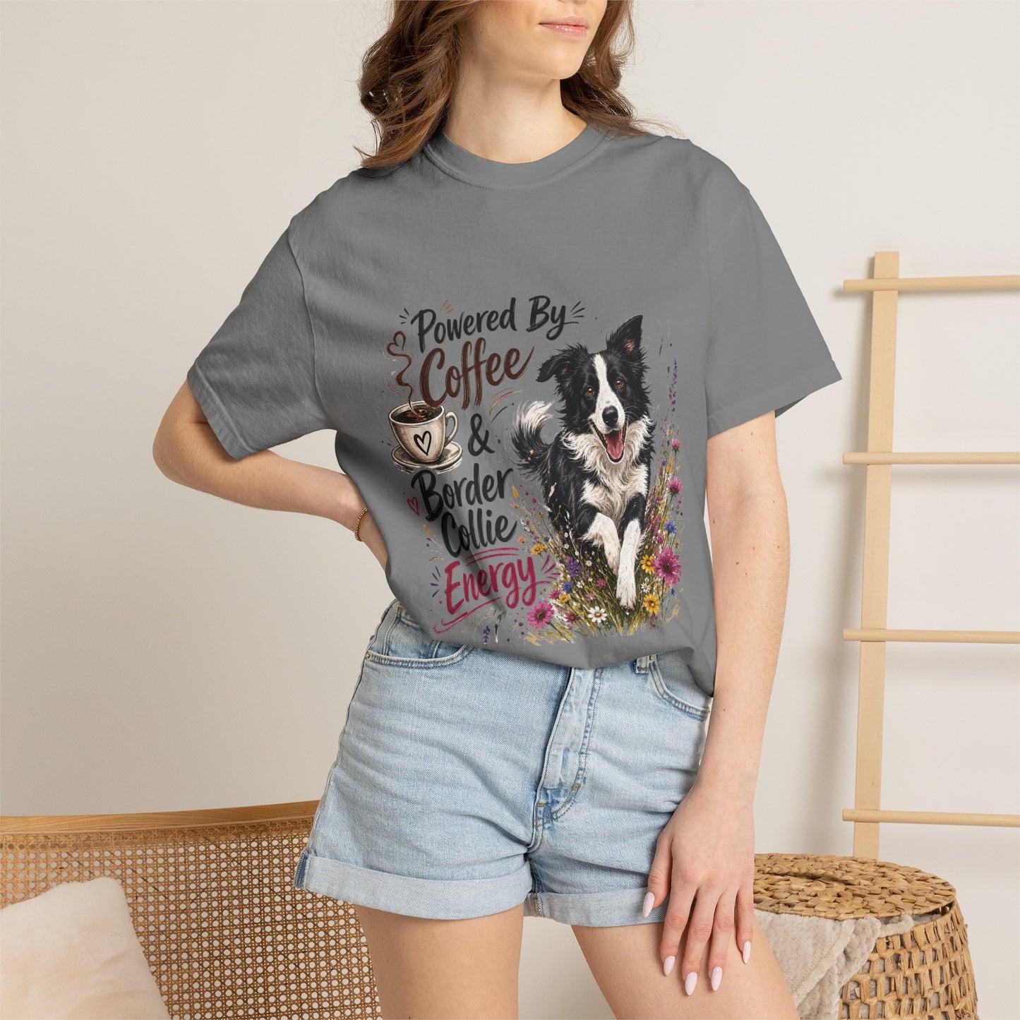 Powered by Coffee & Border Collie Energy T-Shirt | Border Collie Dog Tee
