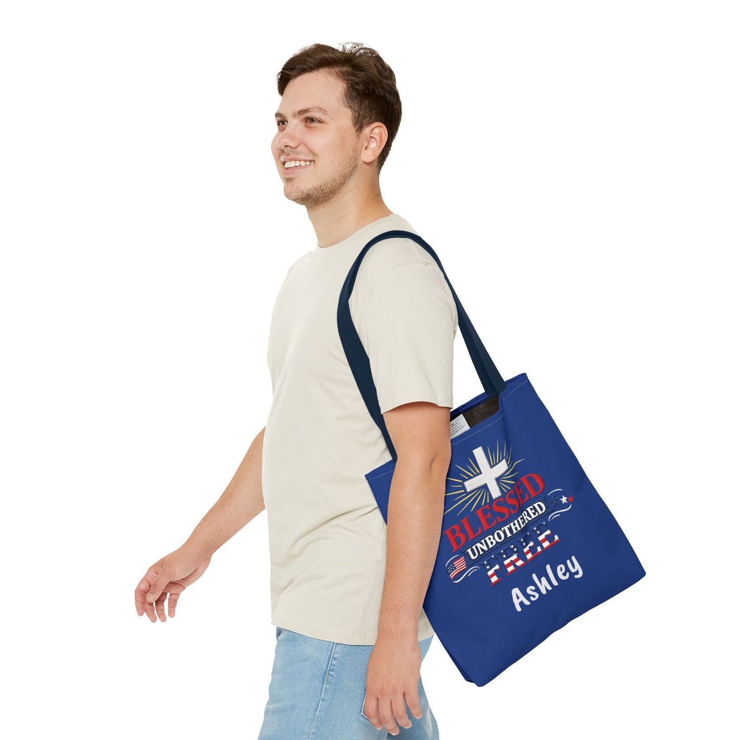 Blessed Unbothered Free Cross tote bag | patriotic faith design