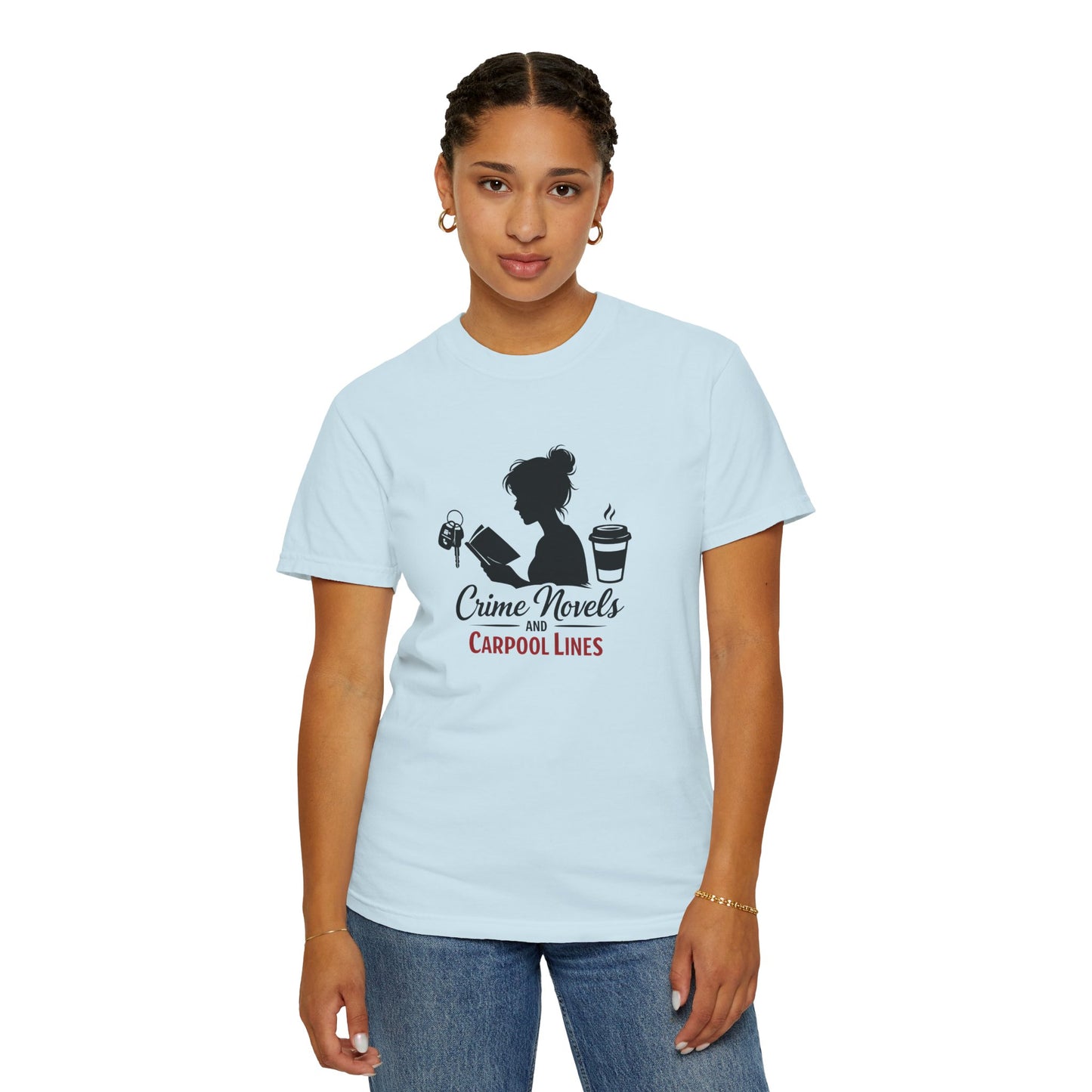 Crime Novels and Carpool Lines T-shirt | Reading Mom Silhouette, Coffee Graphic