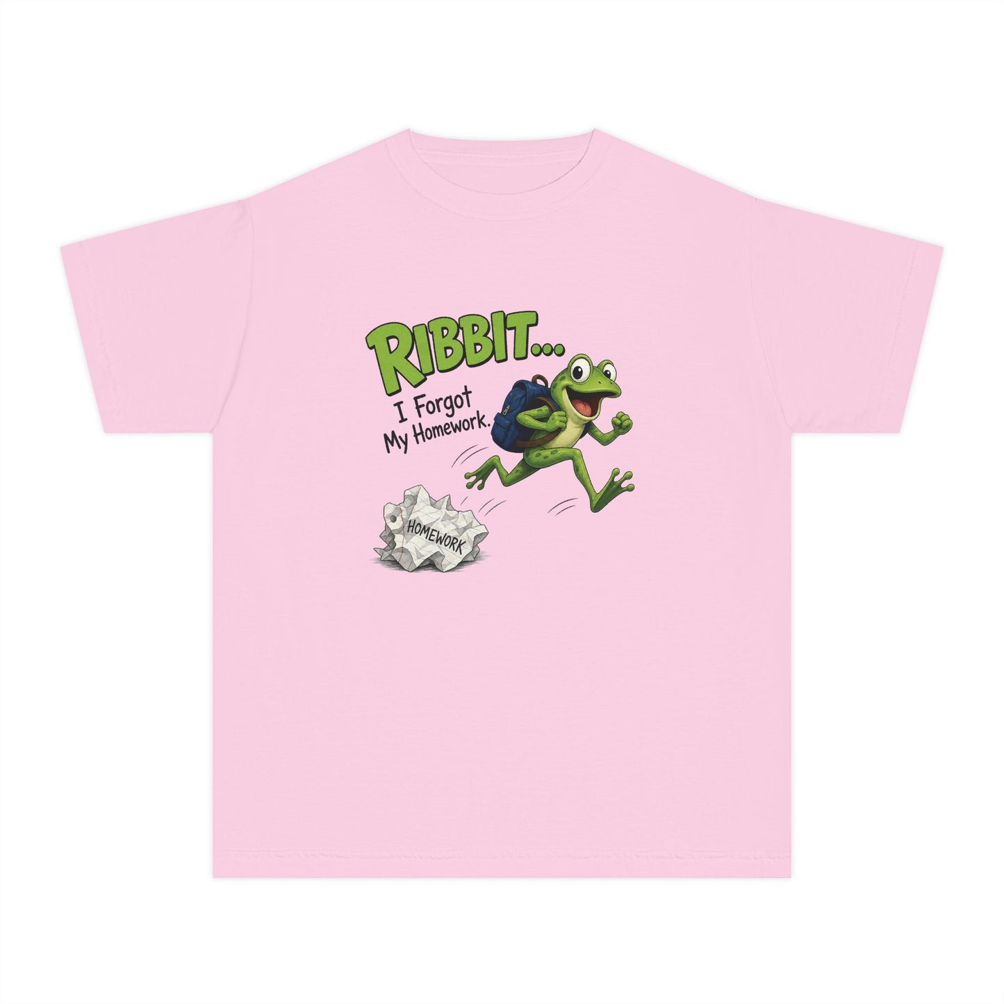 Ribbit Frog Character Youth Tee | Funny Forgot My Homework Design