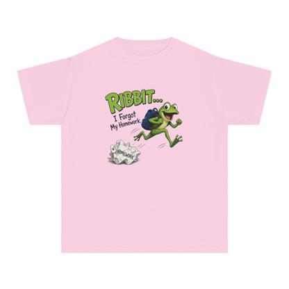 Ribbit Frog Character Youth Tee | Funny Forgot My Homework Design