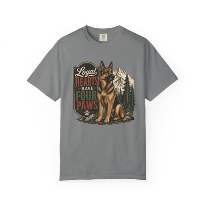 Loyal Hearts Have Four Paws German Shepherd T-shirt | Mountain Forest Dog Design