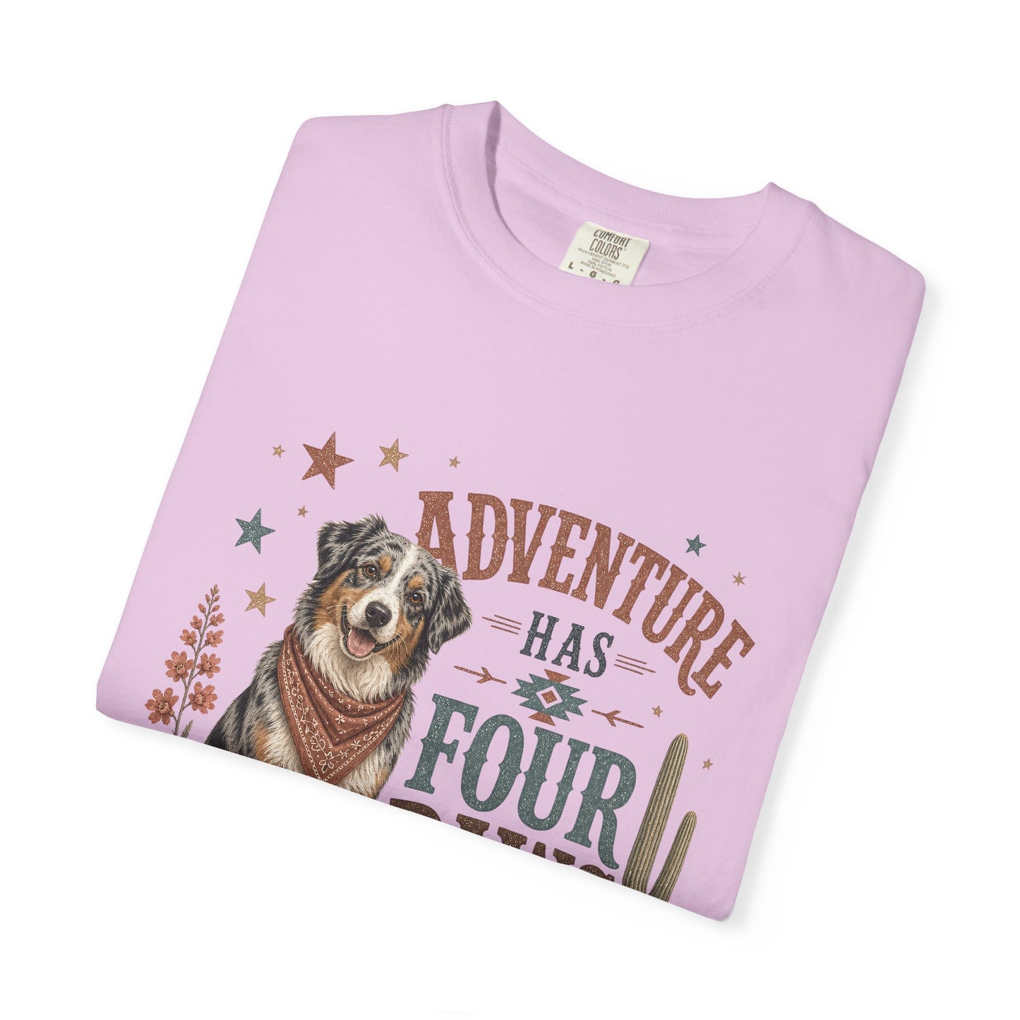Adventure Has Four Paws T-Shirt | Australian Shepherd Design
