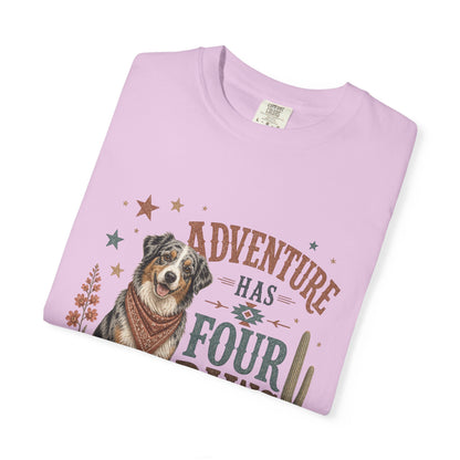 Adventure Has Four Paws T-Shirt | Australian Shepherd Design