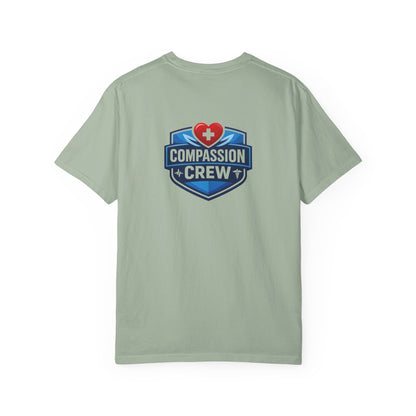 Compassion Crew heart logo Healthcare Worker T-Shirt | Personalized Name Tee