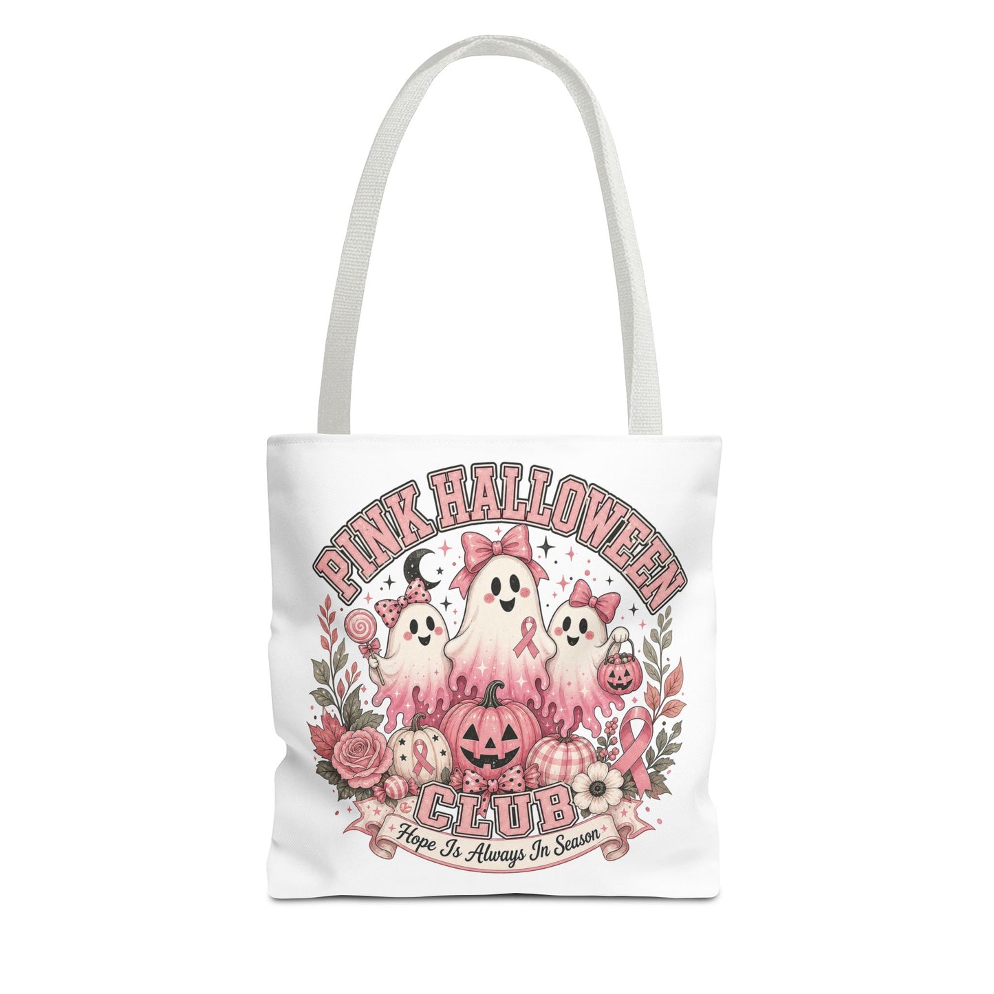 Breast Cancer Awareness Pink Halloween Club ghost trio tote bag | spooky floral pumpkin design
