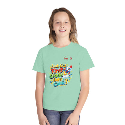 First Grade Here I Come Youth Tee | Rocket Back to School Shirt