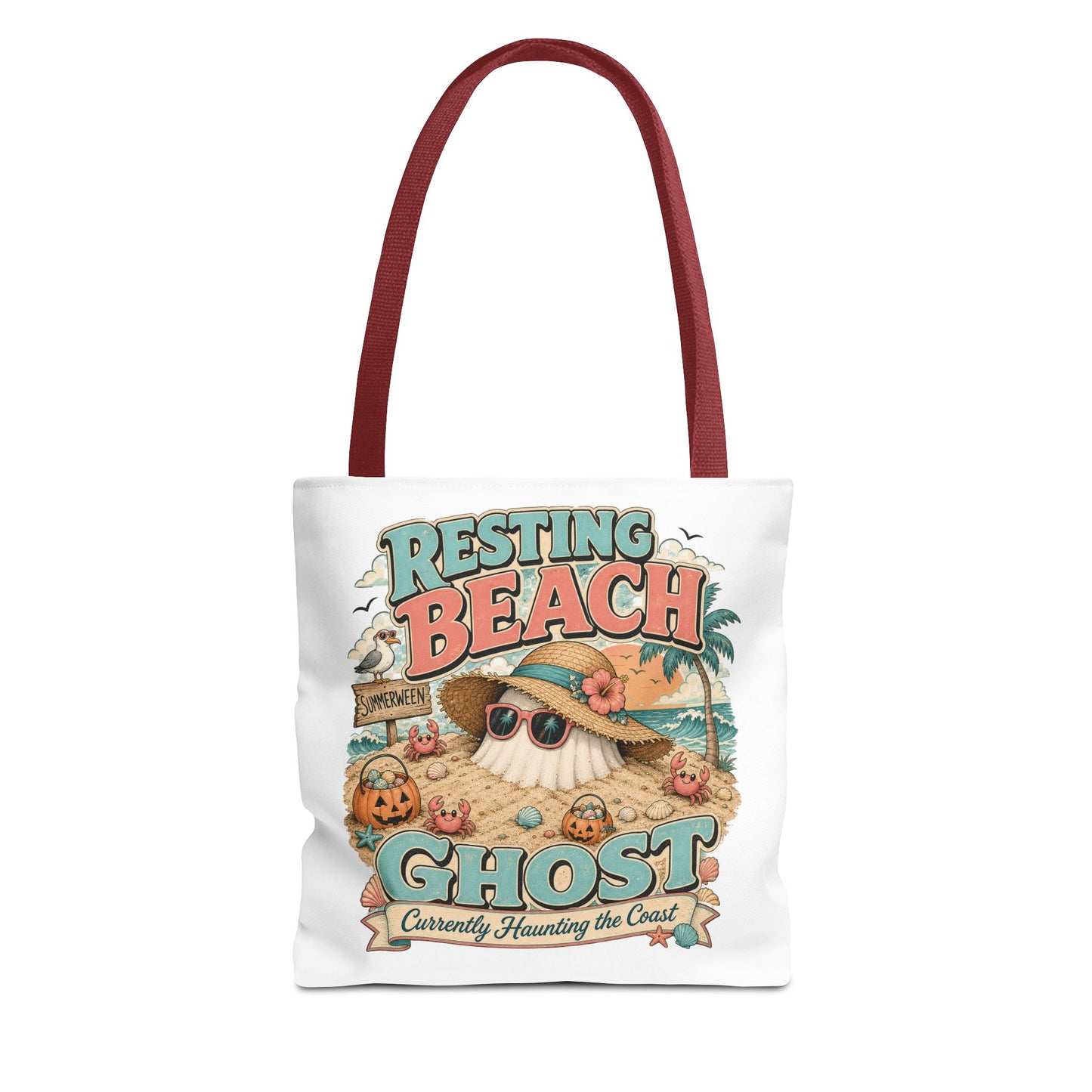 Resting Beach Ghost Tote Bag | Cute Halloween Beach Ghost Illustration