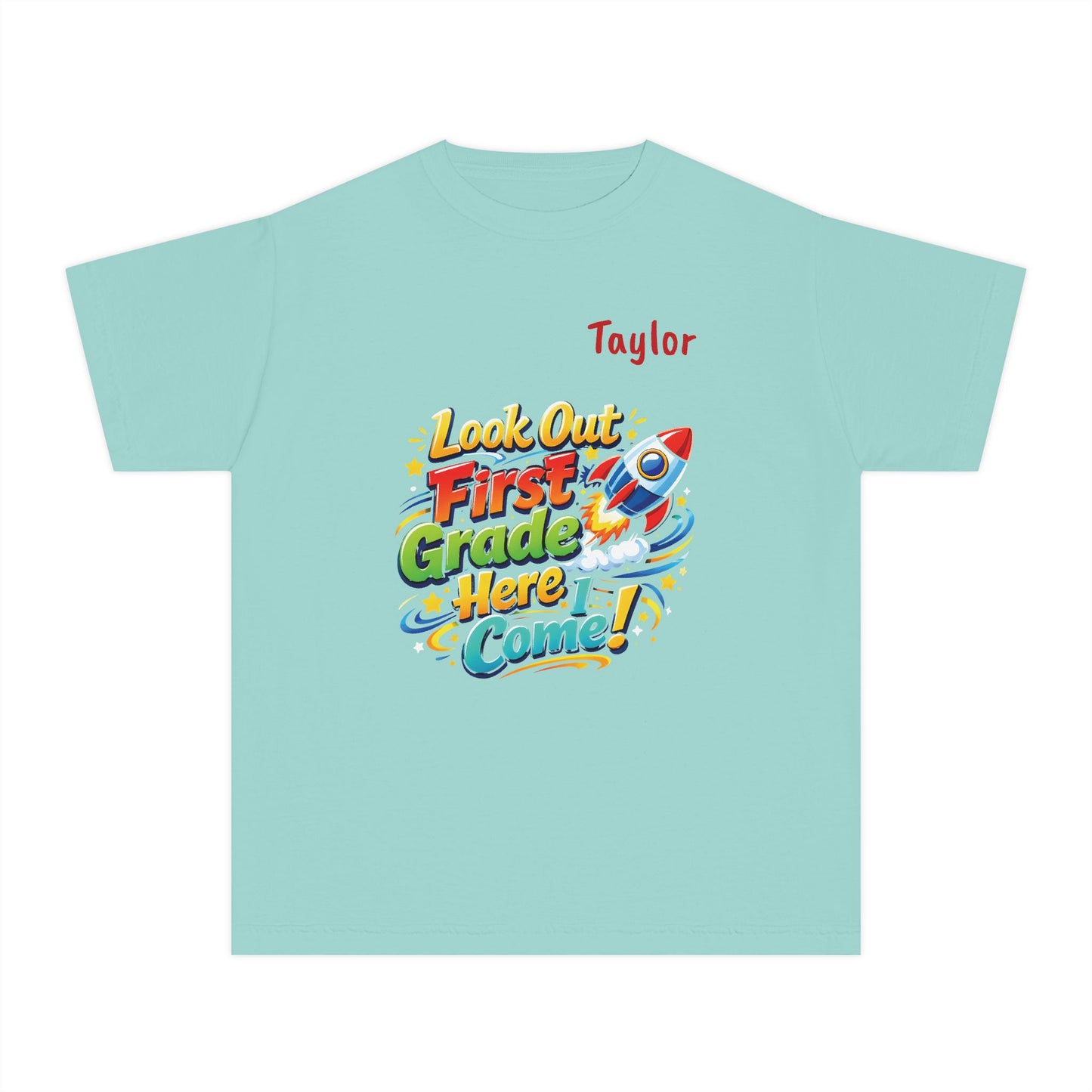 First Grade Here I Come Youth Tee | Rocket Back to School Shirt